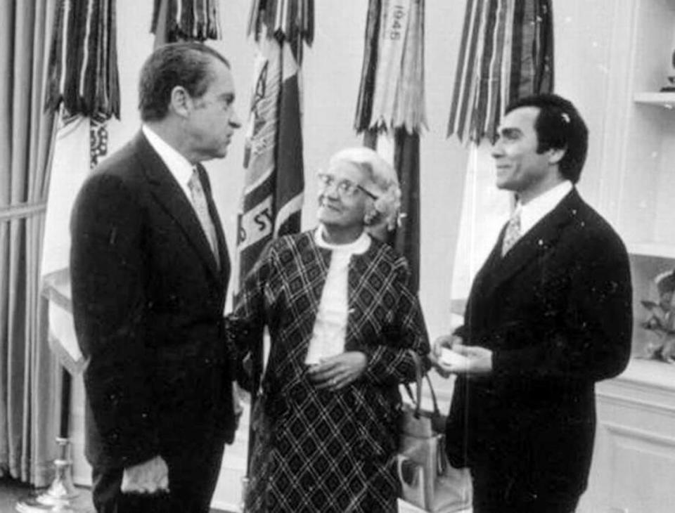 President Nixon meets with Phillip V. Sanchez and Josephine Sanchez, Phillip’s mother.
