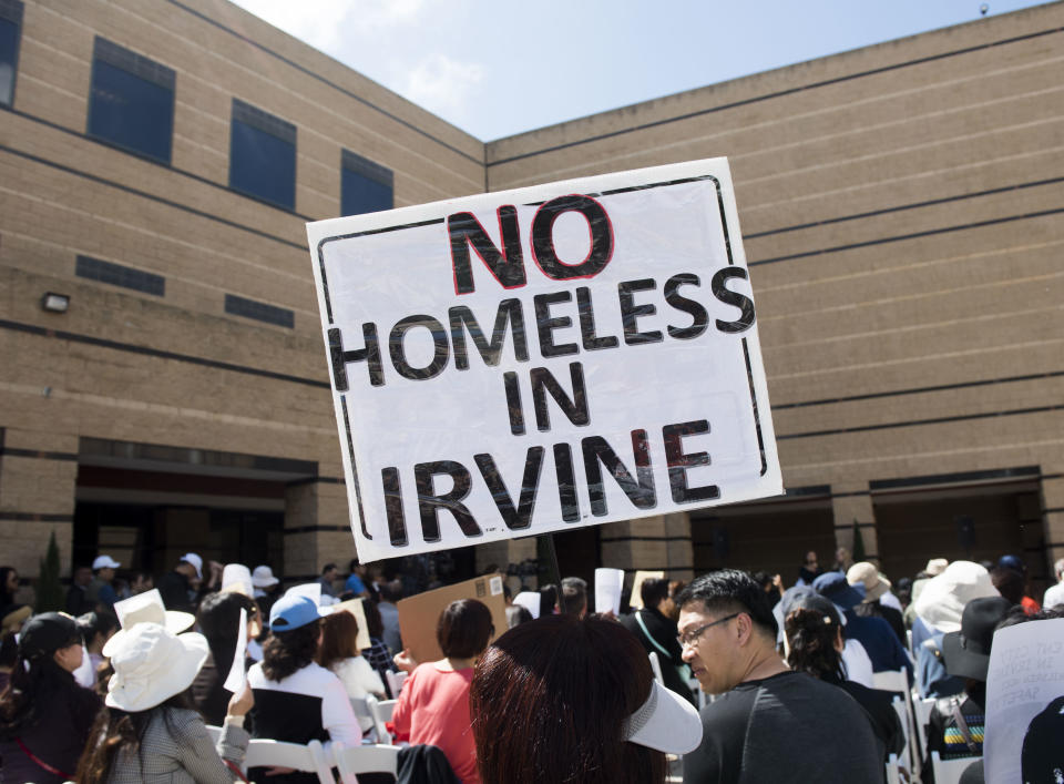 Irvine residents protested in March in response to the county's plan to build a homeless shelter in the city. The county later reversed the decision.&nbsp; (Photo: Orange County Register/Getty Images via Getty Images)