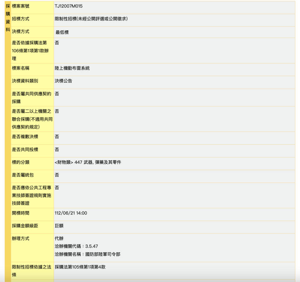 台灣國防部於2023.6.29正式公告決標「陸上機動布雷系統」。政府電子採購網。