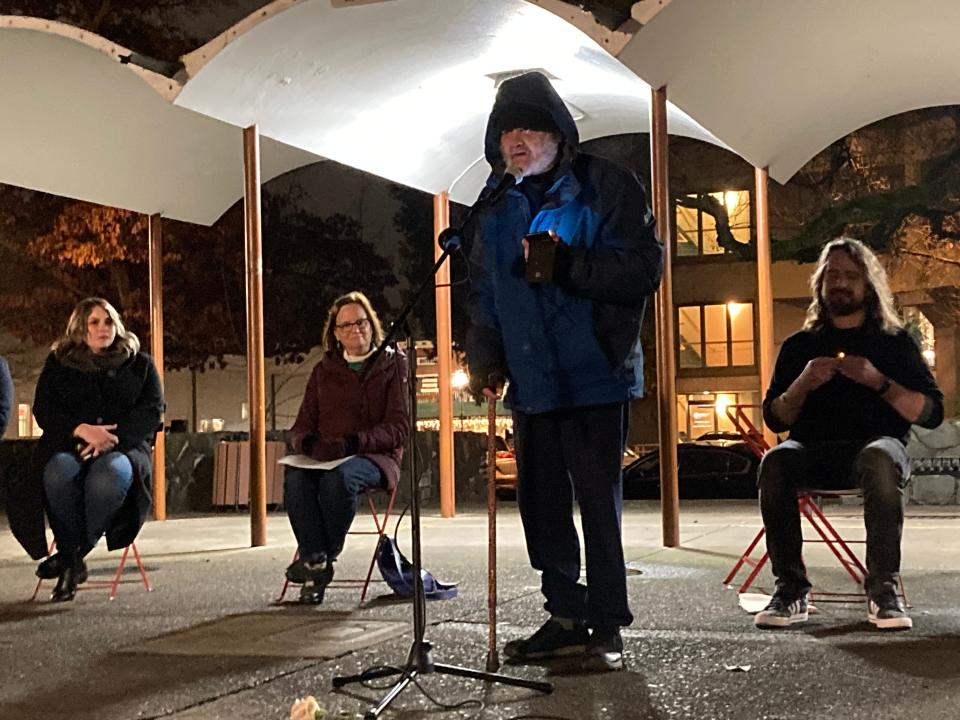 Richard Self, an advisor to Eugene City Council and Lane County Commissioners on the lived experience of homelessness, speaks at a memorial vigil for the 71 people who died while homeless in Lane County in 2023.