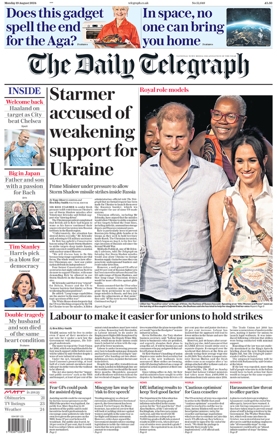 The main headline on the front page of the Daily Telegraph reads: "Starmer accused of weakening support for Ukraine"