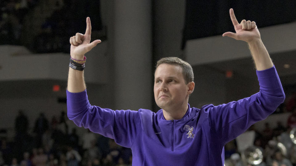 LSU head coach Will Wade reacts during the second half of an NCAA college basketball game against Louisiana Tech in Bossier City, La., Saturday, Dec. 18, 2021. (AP Photo/Matthew Hinton)