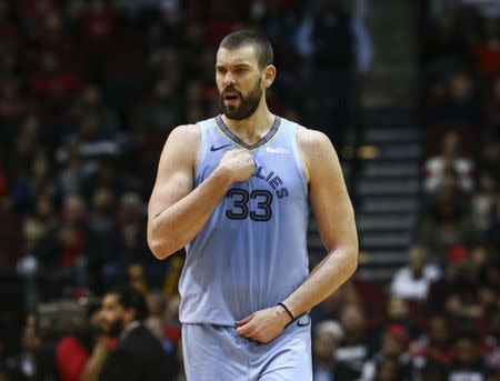 FILE PHOTO: Jan 14, 2019; Houston, TX, USA; Memphis Grizzlies center Marc Gasol (33) reacts after a play during the third quarter against the Houston Rockets at Toyota Center. Mandatory Credit: Troy Taormina-USA TODAY Sports