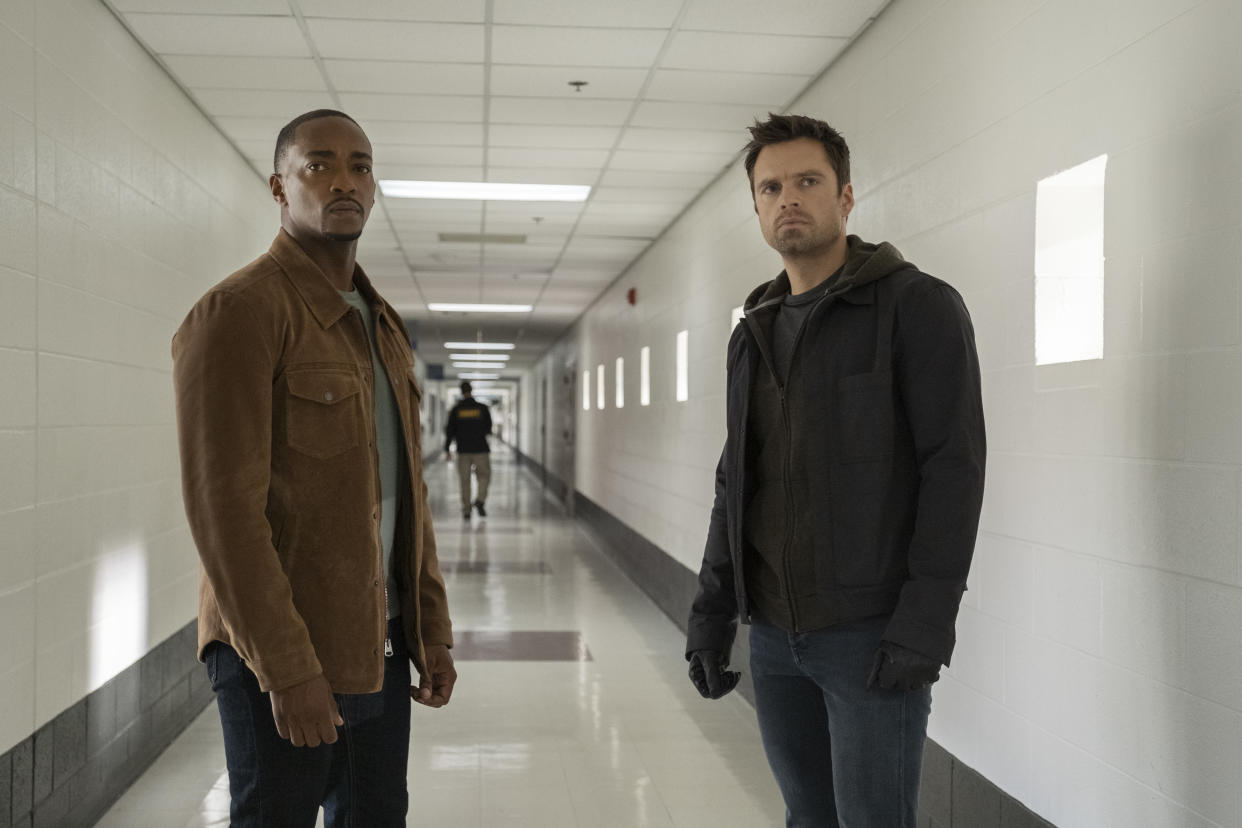 (L-R): Falcon/Sam Wilson (Anthony Mackie) and Winter Soldier/Bucky Barnes (Sebastian Stan) in Marvel Studios' THE FALCON AND THE WINTER SOLDIER exclusively on Disney+. Photo by Chuck Zlotnick. Â©Marvel Studios 2020. All Rights Reserved.