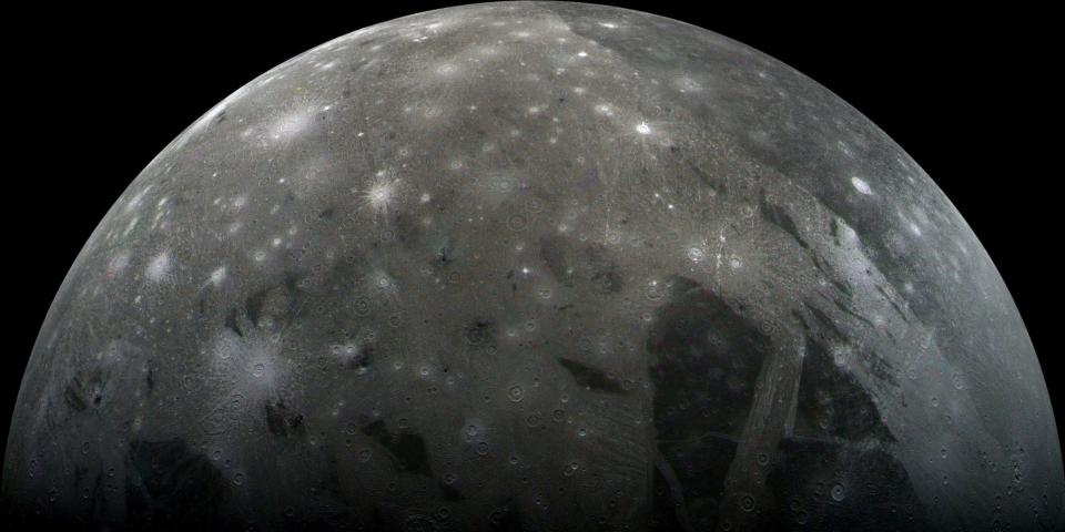 Ganymede, a moon of Jupiter and the largest moon in the Solar System, pictured in 2001.