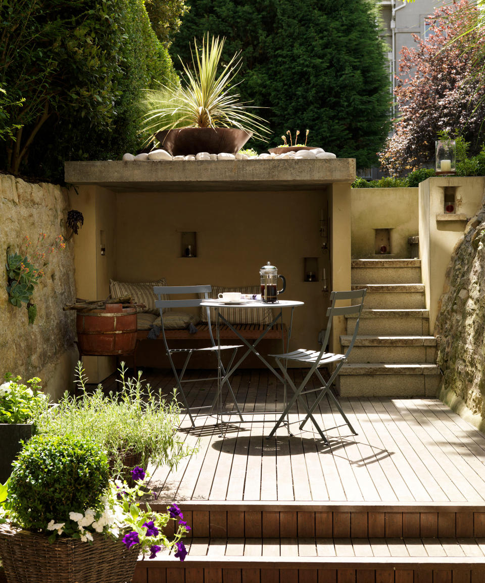 <p> Sunken gardens make great retreats and are especially useful for garden privacy when designing urban plots or looking for long gardens, where boundary fences may cast unwanted shade. </p> <p> Lowering a terrace by just 18 to 20in (46 to 51cm) makes it easier to create a sense of privacy with garden screening ideas, such as planting or awnings; if you want to go lower, ask a landscape architect to check the water table level and advise on drainage. </p> <p> In a sloping garden, carve out terraces and create an outdoor room on the lowest level. </p>