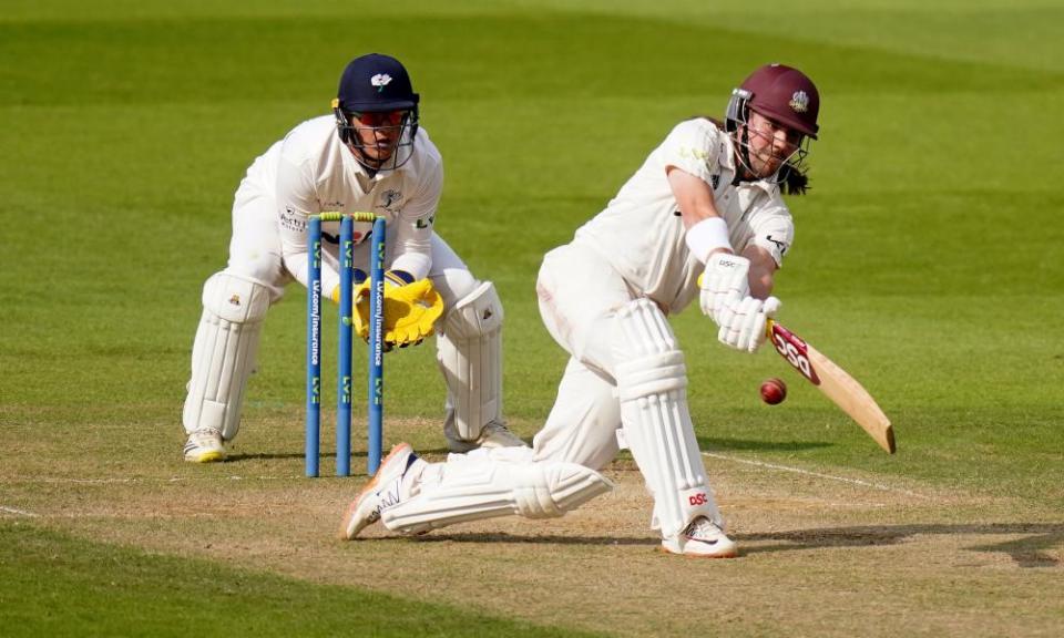 Rory Burns hits a four on his way to an unbeaten 30 that led Surrey to a 10-wicket victory over Yorkshire.