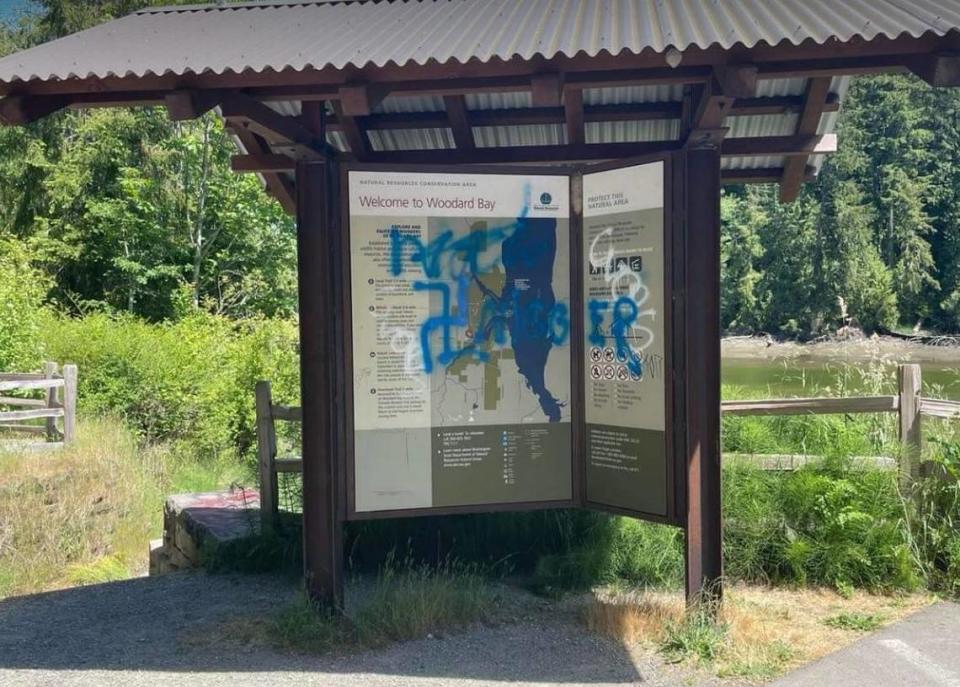 A Nazi swastika and the n-word were found spray painted on a sign at the Woodard Bay conservation area near Henderson Inlet over the weekend.