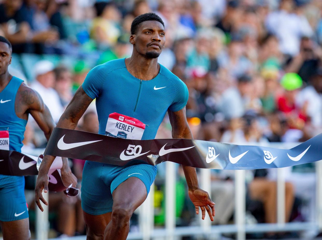 Former South Plains College star Fred Kerley crosses the finish line first in the 100 meters Friday night at the U.S. outdoor track and field championships in Eugene, Oregon. Kerley, an Olympic silver medalist last year, earned a berth on Team USA for the IAAF World Championships next month at Hayward Field.