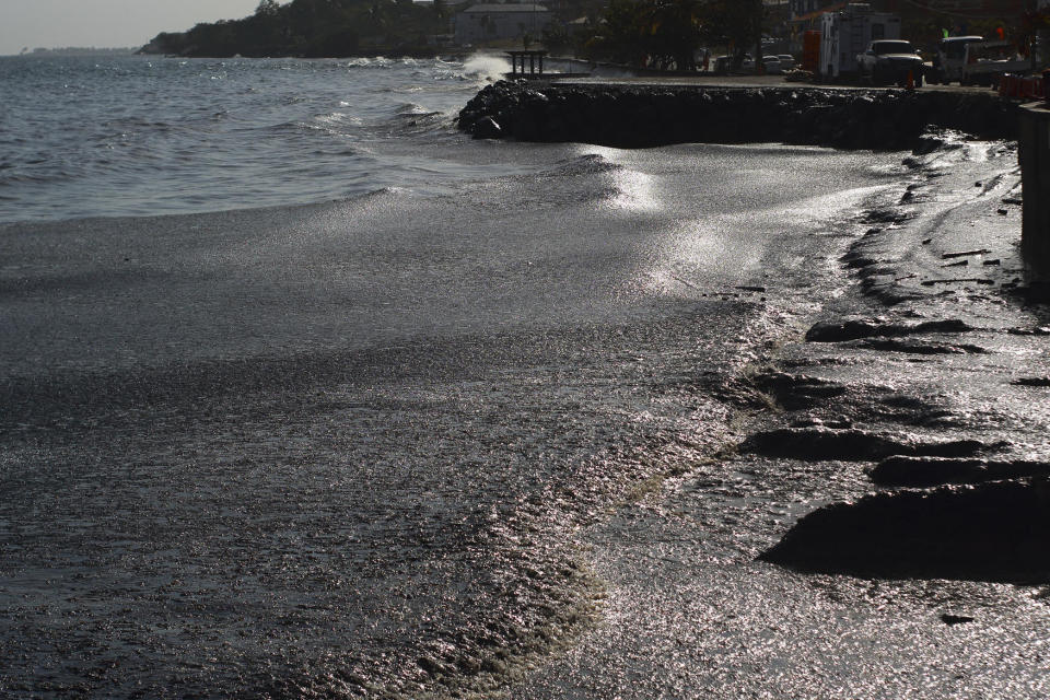 View of the oil spill at Rockly Bay in Tobago island, Trinidad and Tobago, on February 10, 2024.  / Credit: CLEMENT WILLIAMS/AFP via Getty Images