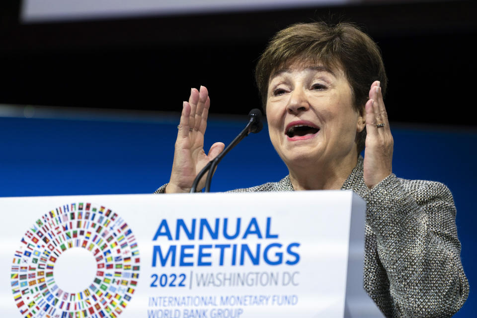 FILE - International Monetary Fund Managing Director Kristalina Georgieva speaks during the 2022 annual meeting of the International Monetary Fund and the World Bank Group, Oct. 14, 2022, in Washington. A provision in the recently signed defense budget mandates that the U.S. work to ease Ukraine’s debt burden at the IMF, which could create tensions at the world’s lender-of-last-resort over one of the fund’s biggest borrowers. (AP Photo/Manuel Balce Ceneta, File)