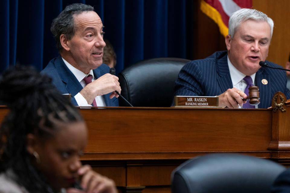 Oversight Committee Chairman James Comer, R-Ky., right, and Ranking Member Rep. Jamie Raskin, D-Md., attend a House Oversight Committee impeachment inquiry into President Joe Biden, Thursday, Sept. 28, 2023, on Capitol Hill in Washington.
