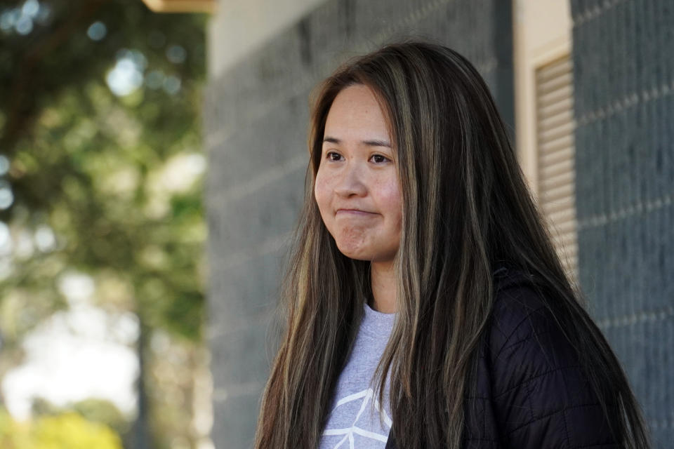 Fonda Quan, niece of ballrooom shooting victim Mymy Nhan, talks about her aunt while speaking to media outlets in Rosemead, Calif., Monday, Jan. 23, 2023. Nhan was the first victim of the shooter and was leaving the dance hall in her car when she was shot. (AP Photo/Eugene Garcia)