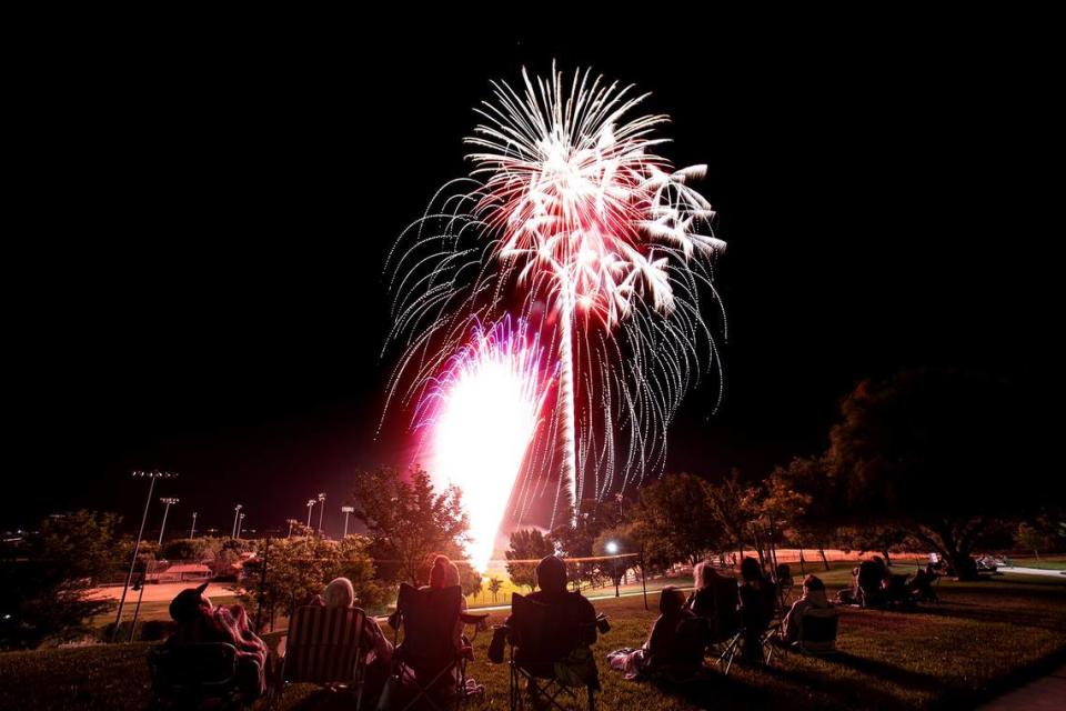 Fireworks light up the sky over Barney Schwartz Park in Paso Robles on Tuesday, July 4, 2023.