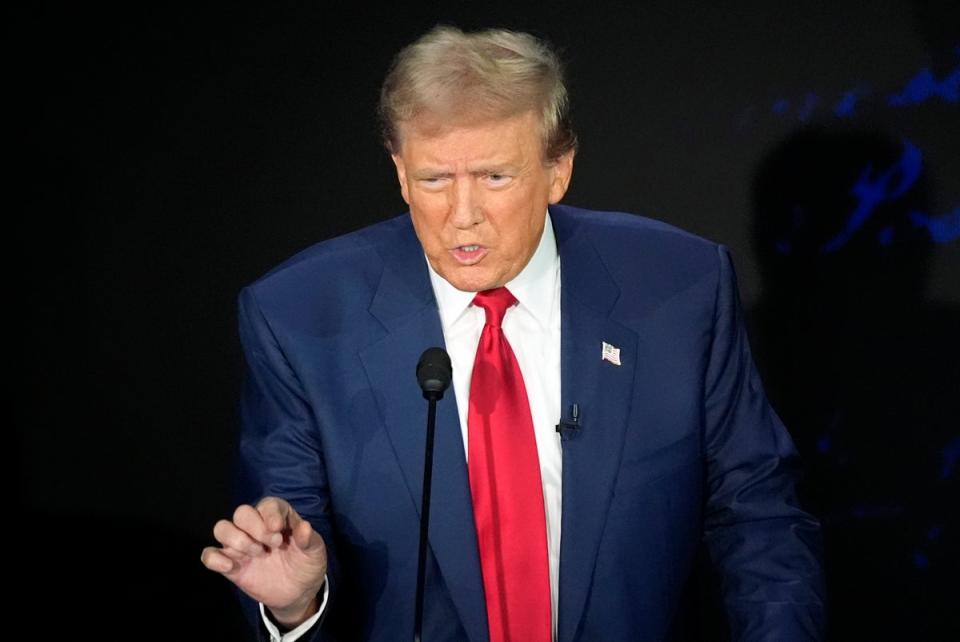 Donald Trump speaks during an ABC News presidential debate with Democratic presidential nominee Vice President Kamala Harris at the National Constitution Center, Tuesday, Sept.10, 2024, in Philadelphia. His family business is reportedly interested in opening hotels in Israel (AP)