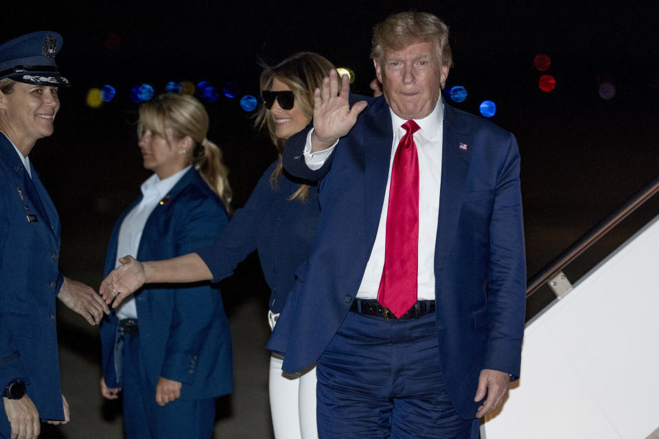 President Donald Trump and first lady Melania Trump arrive at Andrews Air Force Base, Md., Tuesday, Aug. 27, 2019, for a short trip to the White House after returning from the G-7 Summit in Biarritz, France (AP Photo/Andrew Harnik)