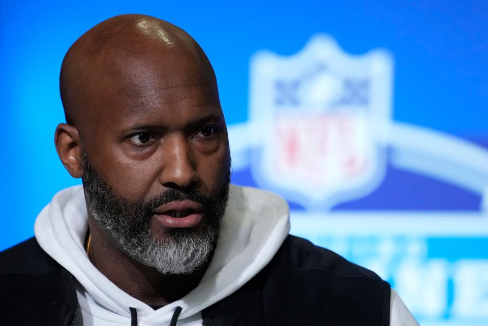 Detroit Lions general manager Brad Holmes speaks during a news conference at the NFL scouting combine in Indianapolis, March 1, 2023.