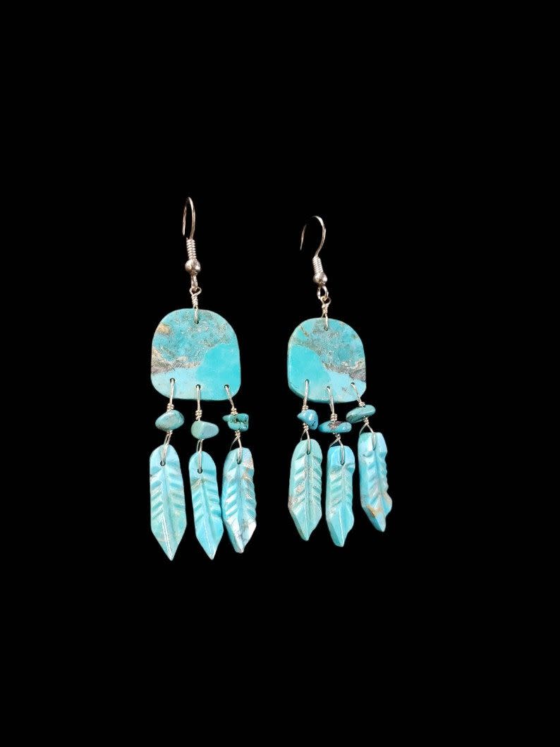 23) Sterling Silver Dangle Turquoise Earrings with Prayer Feathers