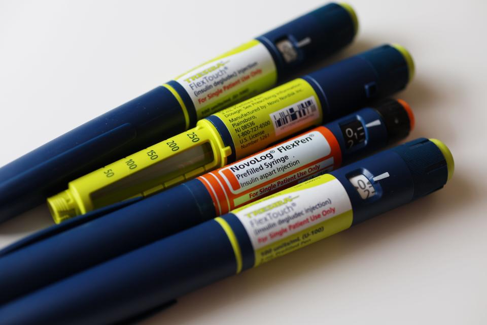 In this photo illustration, insulin pens manufactured by the Novo Nordisk company are displayed on March 14, 2023. Prosecutors say Heather Pressdee, a registered nurse, administered insulin to two patients who were not diabetic and to another patient who was diabetic in Western Pennsylvania last year. She is now facing homicide charges in their deaths.