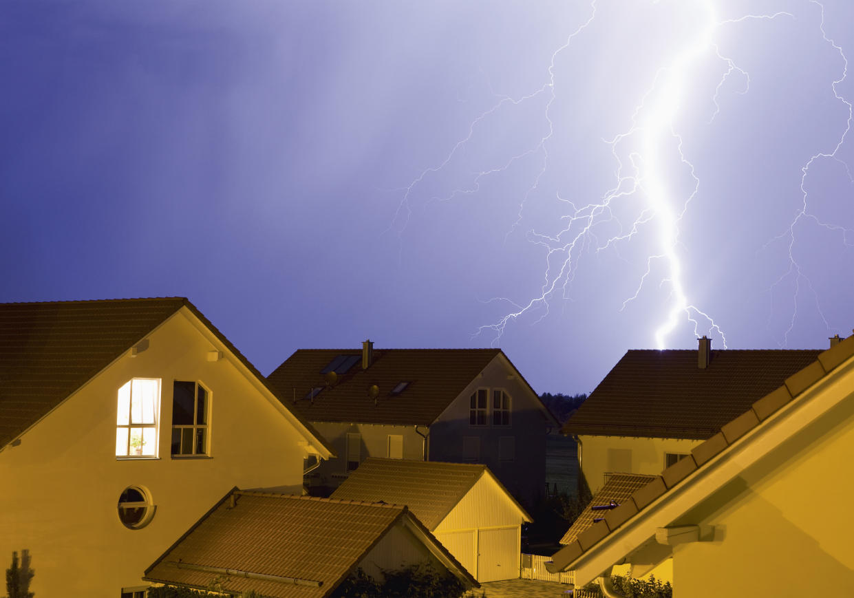 Lightning bolt over residential area