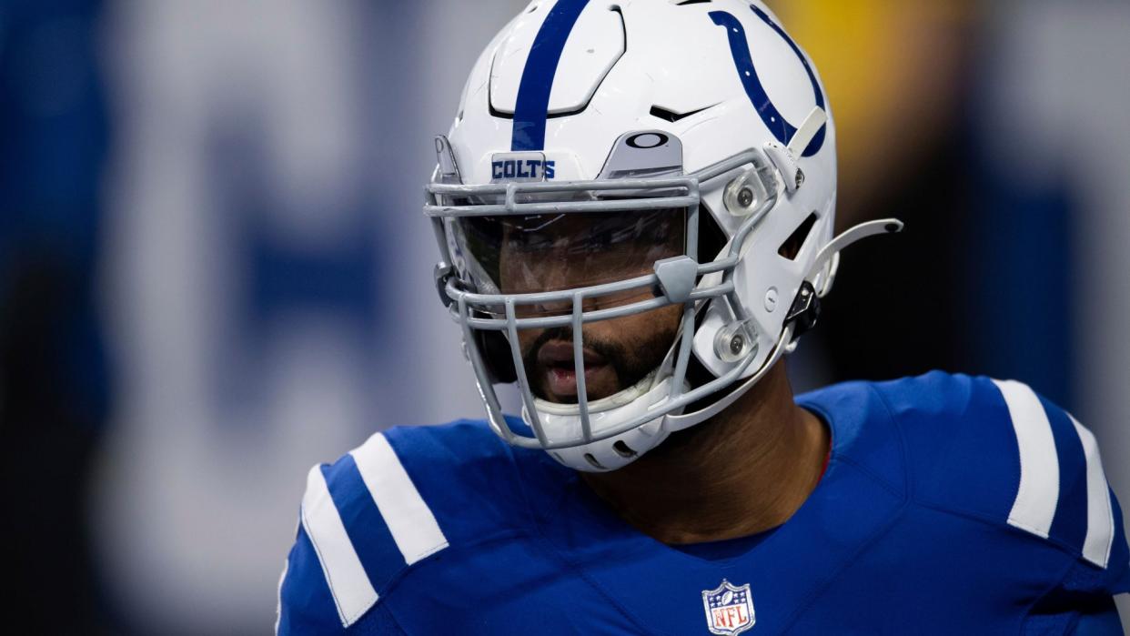 Mandatory Credit: Photo by Zach Bolinger/AP/Shutterstock (11677873lo)Indianapolis Colts defensive tackle DeForest Buckner (99) warms up on the field before an NFL football game against the Jacksonville Jaguars, in IndianapolisJaguars Colts Football, Indianapolis, United States - 03 Jan 2021.