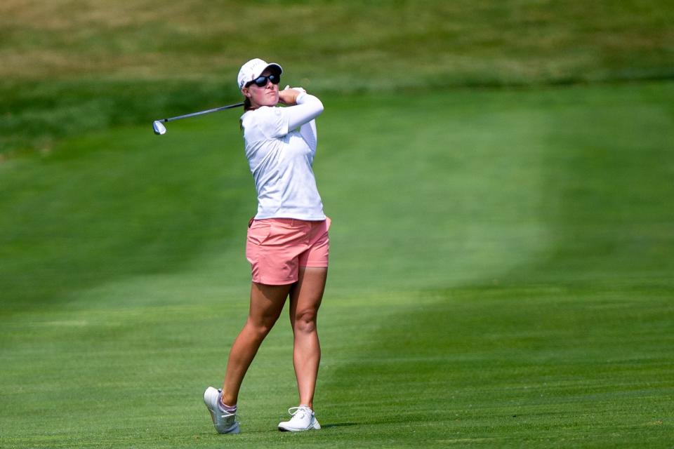 Jennifer Kupcho hits her ball during the Meijer LPGA Classic Saturday, June 17, 2023, at Blythefield Country Club in Belmont, MI. 