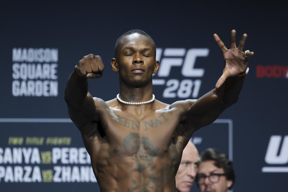 Nov 11, 2022; New York, NY, USA; Israel Adesanya gestures during weigh-ins for UFC 281. Mandatory Credit: Jessica Alcheh-USA TODAY Sports