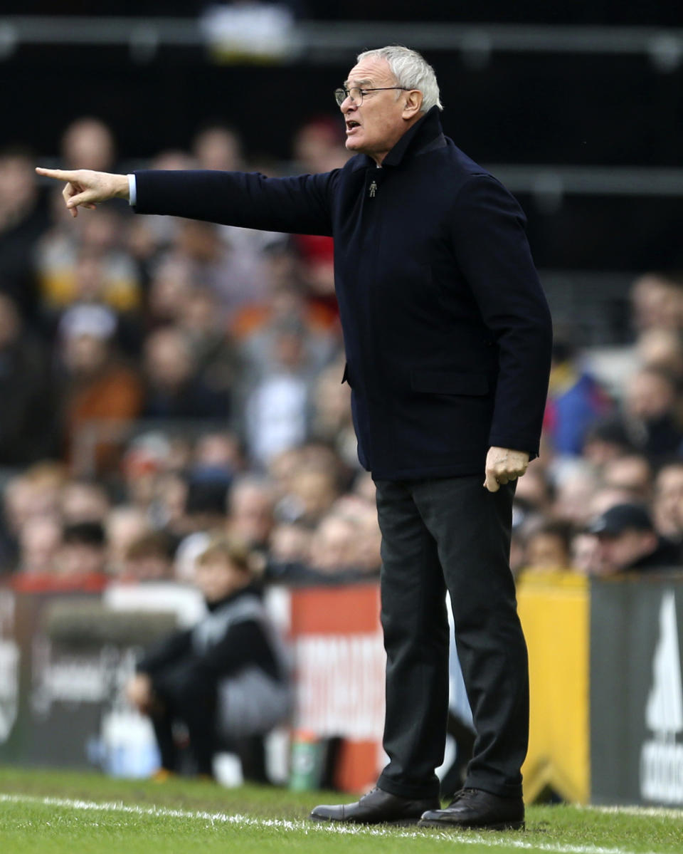 Fulham manager Claudio Ranieri gestures during the English Premier League soccer match against Wolverhampton Wanderers at Craven Cottage, London, Wednesday Dec. 26, 2018. (Steven Paston/PA via AP)