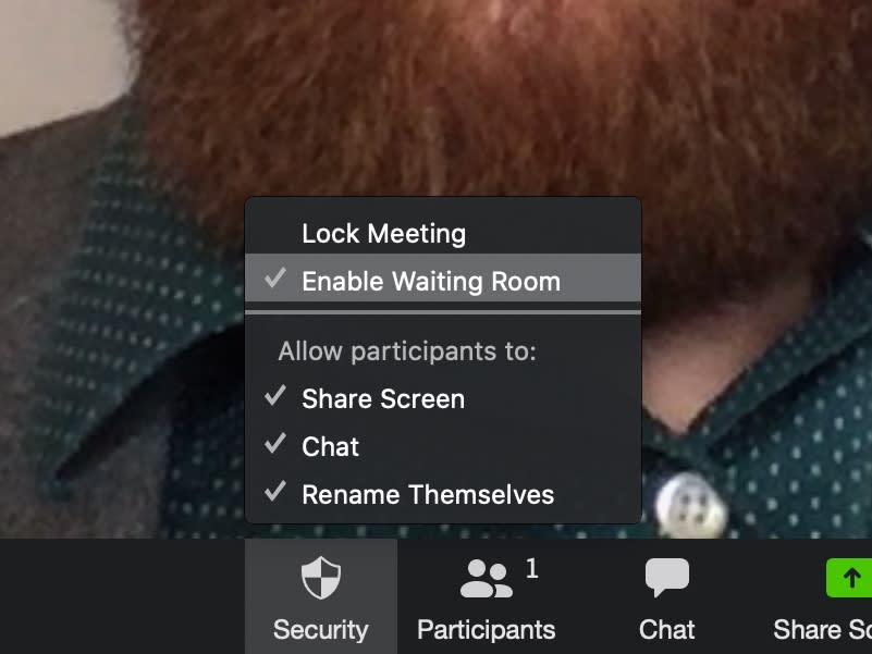 You can ensure that you have your waiting room enabled via the Security tab at the bottom of the screen. (Image: Dan Howley)