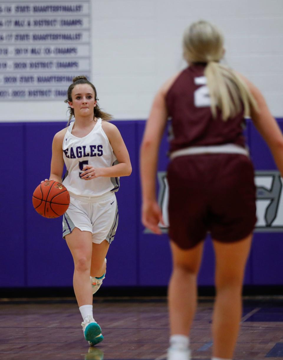 Fair Grove Eagles Brooke Daniels drives downcourt during a game against the Mountain Grove Panthers on Monday, Dec. 19, 2022.