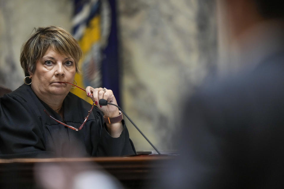 Wisconsin Supreme Court Justice Janet Protasiewicz, who is being targeted for possible impeachment by Republican lawmakers because of donations she received from the Democratic Party and comments she made during her campaign, attends her first hearing as a justice Thursday, Sept. 7, 2023, in Madison, Wis. (AP Photo/Morry Gash)