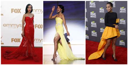 Combination photo shows file photos of actress Kerry Washington, L-R: at the 63rd Primetime Emmy Awards in Los Angeles on September 18, 2011, at the 21st annual Glamour Magazine Women of the Year award ceremony in New York on November 7, 2011 and at the 2013 MTV Movie Awards in Culver City, California on April 14, 2013. REUTERS/Files