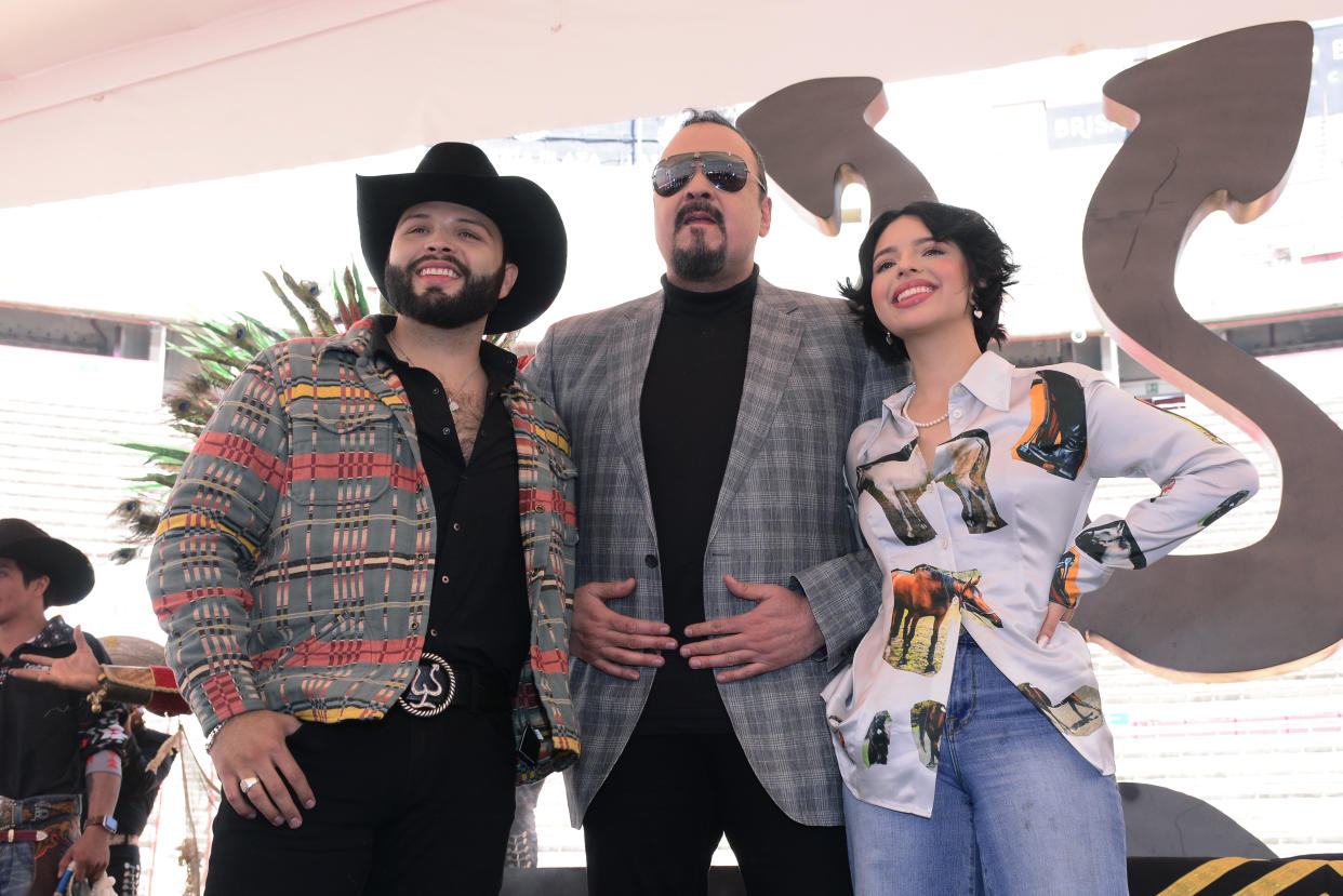 MEXICO CITY, MEXICO - FEBRUARY 15, 2023: Pepe Aguilar accompanied by his sons  Angela Aguilar and Leonardo Aguilar attend a press conference to promote the 'Jaripeo sin Fronteras' tour at the Plaza de Toros Mexico. On February 15, 2023 in Mexico City, Mexico. (Photo credit should read Jorge Gonzalez/ Eyepix Group/Future Publishing via Getty Images)