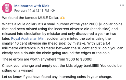 Pictured: Melbourne with Kidz Facebook post about Mule dollar.