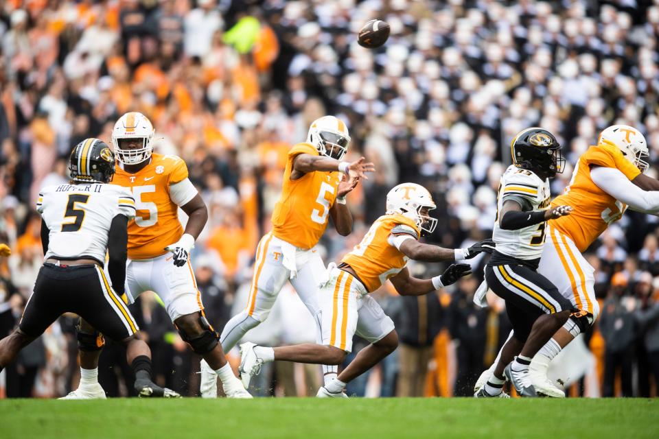Tennessee quarterback Hendon Hooker (5) throws the ball during a game between Tennessee and Missouri in Neyland Stadium, Saturday, Nov. 12, 2022.