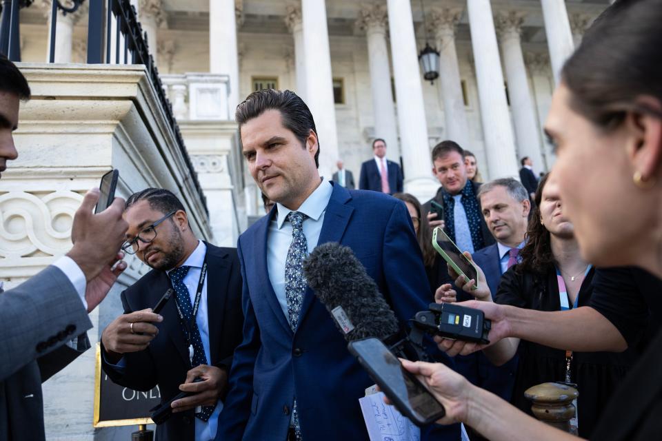 Rep. Matt Gaetz, R-Fla., speaks to reporters as he leaves the U.S. Capitol after U.S. Speaker of the House Kevin McCarthy, R-Calif., was ousted form his position, October 3, 2023 in Washington, DC.