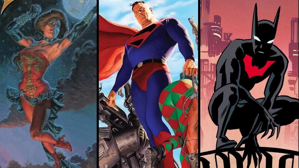 Elseworlds characters from DC Comics. From L to R, Wonder Woman: Amazonia, Kingdom Come Superman, and Batman Beyond.