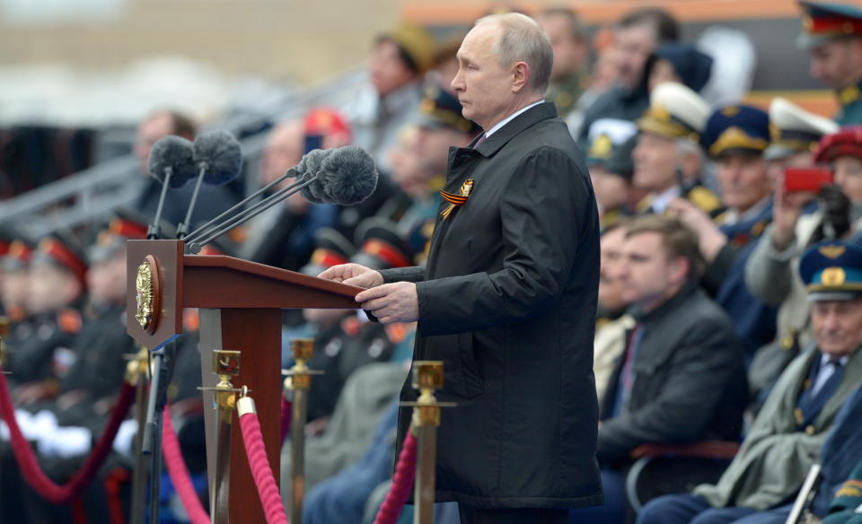 Russian President Vladimir Putin delivers a speech during a military parade on Victory Day, which marks the 76th anniversary of the victory over Nazi Germany in World War Two, in Red Square in central Moscow, Russia May 9, 2021. Sputnik/Alexei Nikolsky/Kremlin via REUTERS  ATTENTION EDITORS - THIS IMAGE WAS PROVIDED BY A THIRD PARTY.