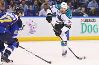 ST. LOUIS, MO - APRIL 14: Daniel Winnik #34 of the San Jose Sharks takes a shot on goal against the St. Louis Blues during Game Two of the Western Conference Quarterfinals during the 2012 NHL Stanley Cup Playoffs at the Scottrade Center on April 14, 2012 in St. Louis, Missouri. (Photo by Dilip Vishwanat/Getty Images)