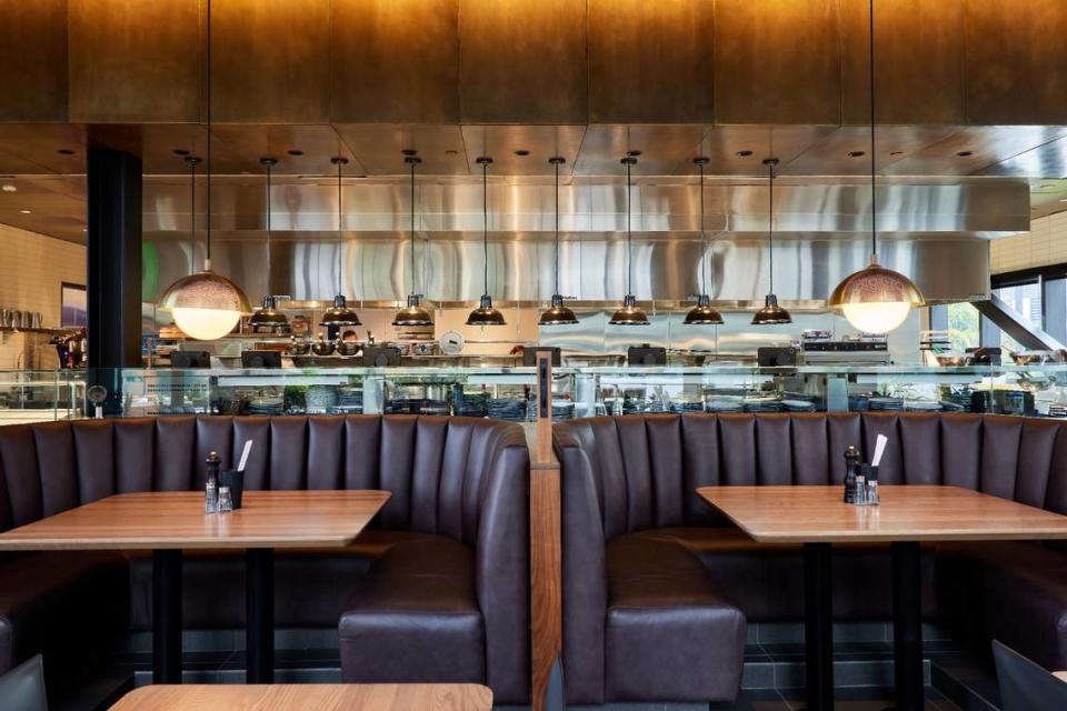 Banquettes near the kitchen at the new Joey restaurant in Aventura.