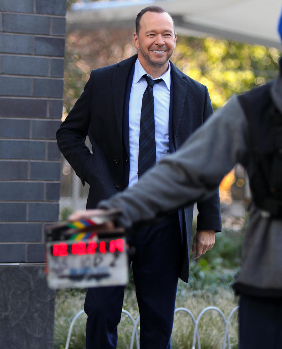 <p>Donnie Wahlberg is in great spirits while filming on the set of <em>Blue Bloods</em> on Friday in N.Y.C.</p>