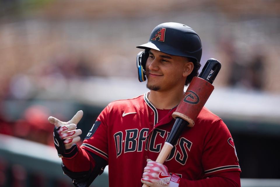 Mar 2, 2023; Phoenix, Arizona, USA; Arizona Diamondbacks outfielder Alek Thomas against the Los Angeles Dodgers during a spring training game at Camelback Ranch-Glendale. Mandatory Credit: Mark J. Rebilas-USA TODAY Sports