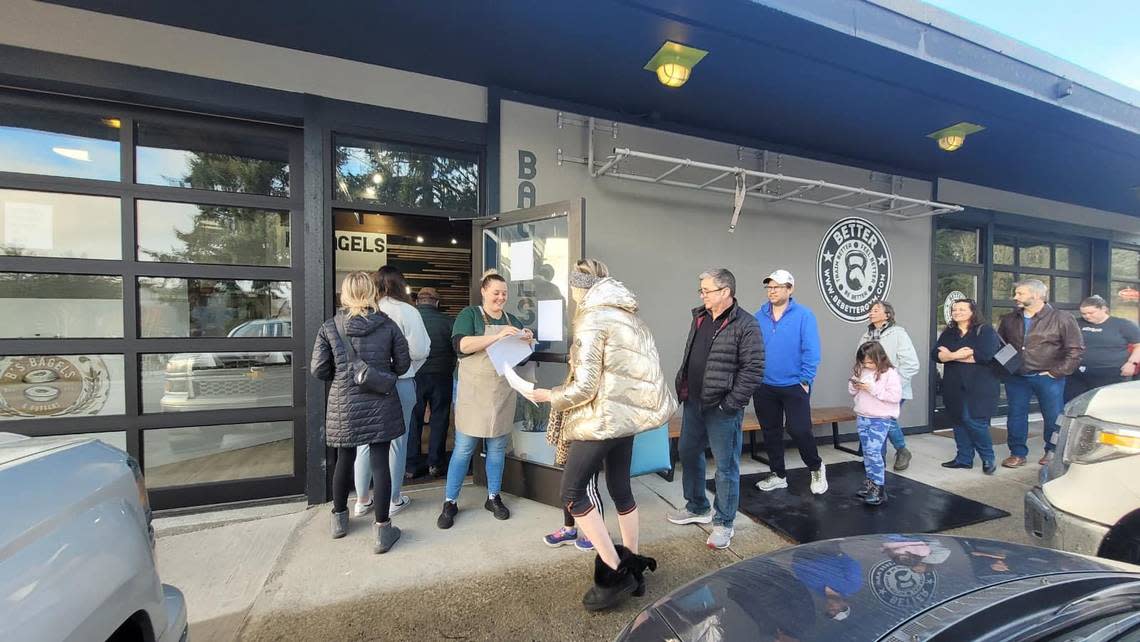 The line at B’s Bagels and Butters was out the door when the shop opened March 7, 2023 in Gig Harbor.