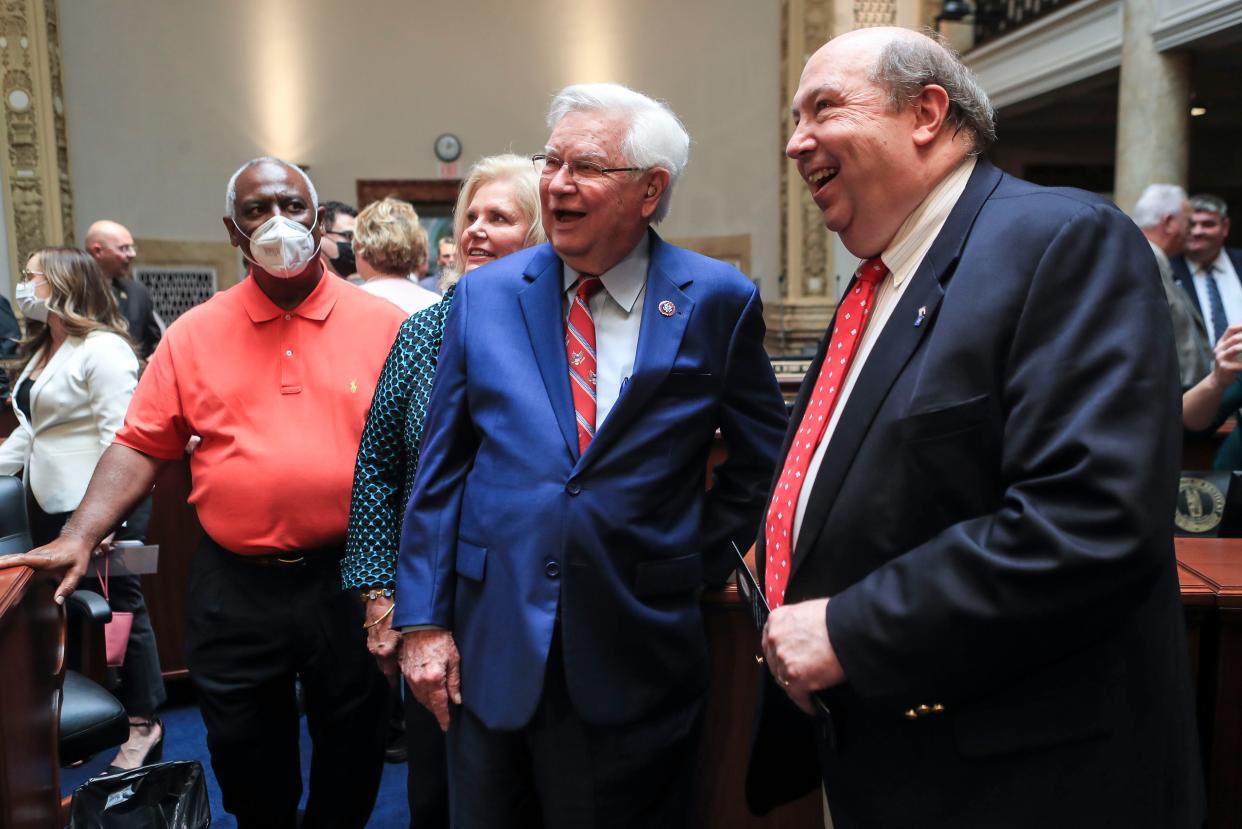 U.S. Rep. Hal Rogers, center, laughs with Kentucky Republican Party chairman Mac Brown in the state's Senate chambers in September 2021.