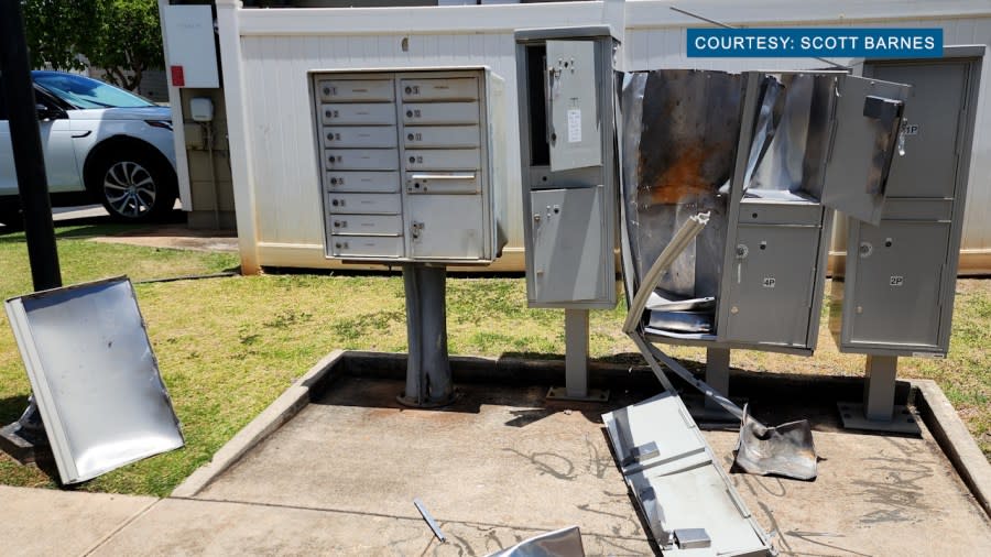 A cluster of mailboxes was apparently blown up by a firework in Honolulu’s Ewa neighborhood on July 5, 2024. (Courtesy of Scott Barnes)