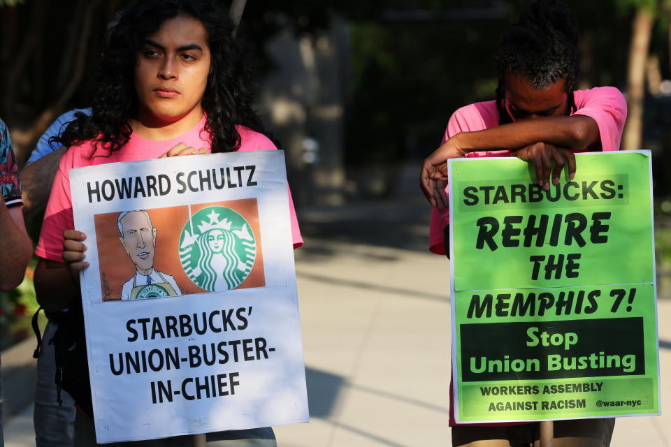 NEW YORK, NEW YORK - JULY 19:  Activists participate in an event dubbed the Un-Birthday Party and picket line for Starbucks CEO Howard Schultz on July 19, 2022 in New York City. Activists gathered near Schultz's West Village home on his 75th birthday to protest the treatment of Starbucks workers attempting to unionize, as well as Schultz's recent announcement to permanently close 16 locations. The company has stated that the closing of the stores, which are mostly located on the West Coast, is due to safety concerns. However, Starbucks Workers United, the union representing the baristas, has filed a labor complaint claiming that the store closures is an act of retaliation. Over 100 of the company's 9,000 U.S. stores have voted or are in the process of voting to unionize since a Buffalo, New York location became the first to join a union at the end of 2021. (Photo by Michael M. Santiago/Getty Images)
