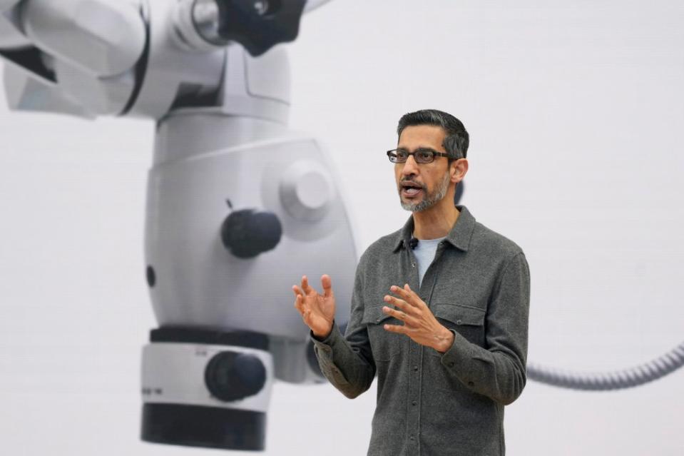 Google CEO Sundar Pichai is pictured at the unveiling event for AI Overviews last week. AP