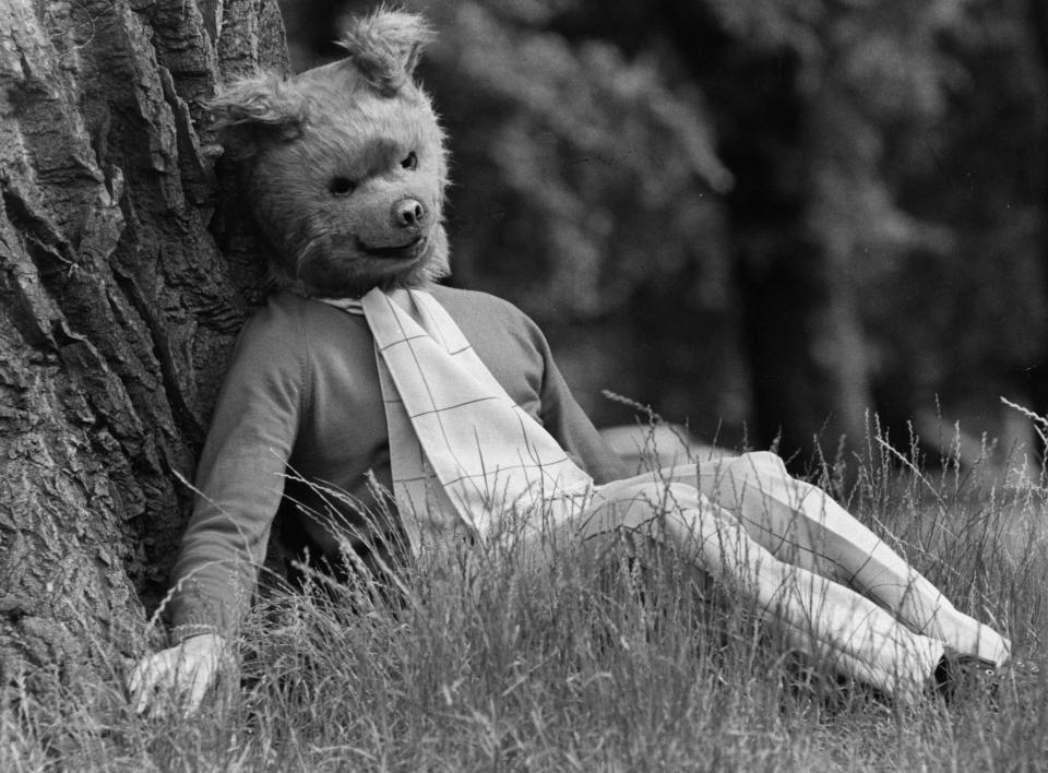 1972:  Rupert Bear, star of the new musical 'The Rupert Show', which is shortly to open at the Victoria Palace Theatre, London, has a rest in Hyde Park.  (Photo by Evening Standard/Getty Images)