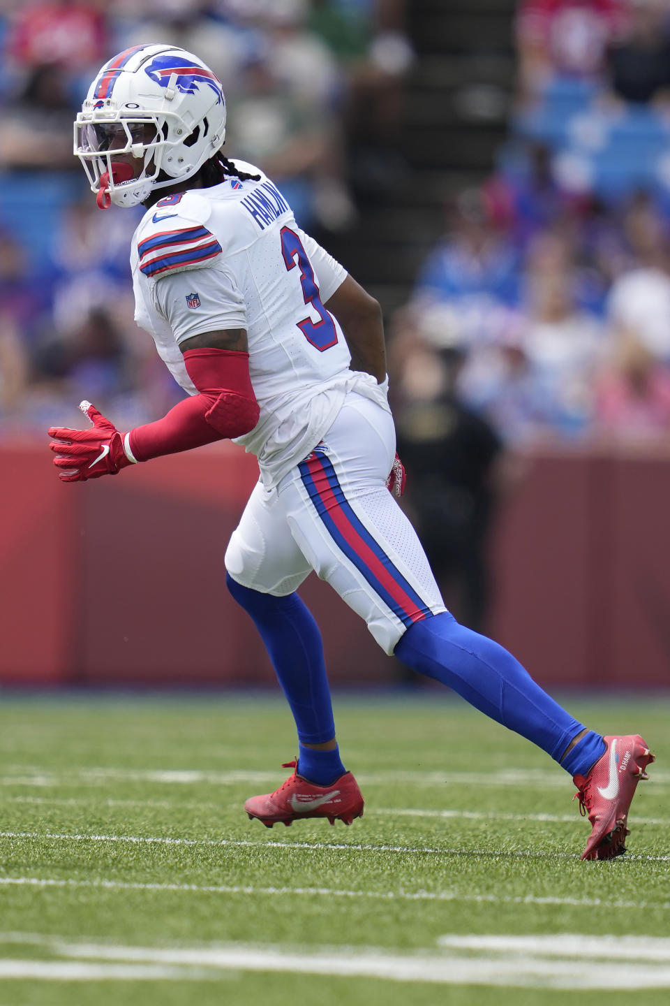 Buffalo Bills safety Damar Hamlin runs toward the play during the first half of an NFL preseason football game against the Indianapolis Colts in Orchard Park, N.Y., Saturday, Aug. 12, 2023. (AP Photo/Charles Krupa)