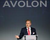 Domhnal Slattery, CEO of Avolon, delivers a speech during the delivery of the first A330neo commercial passenger aircraft for TAP Air Portugal airline at the Airbus delivery center in Colomiers